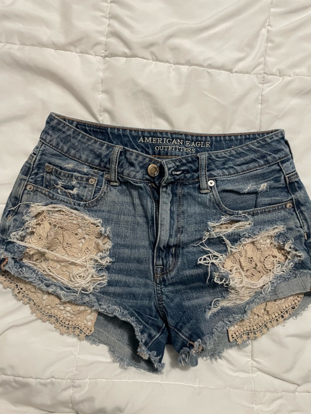 American Eagle Outfitters Blue Denim Shorts with Beige Lace Insets
